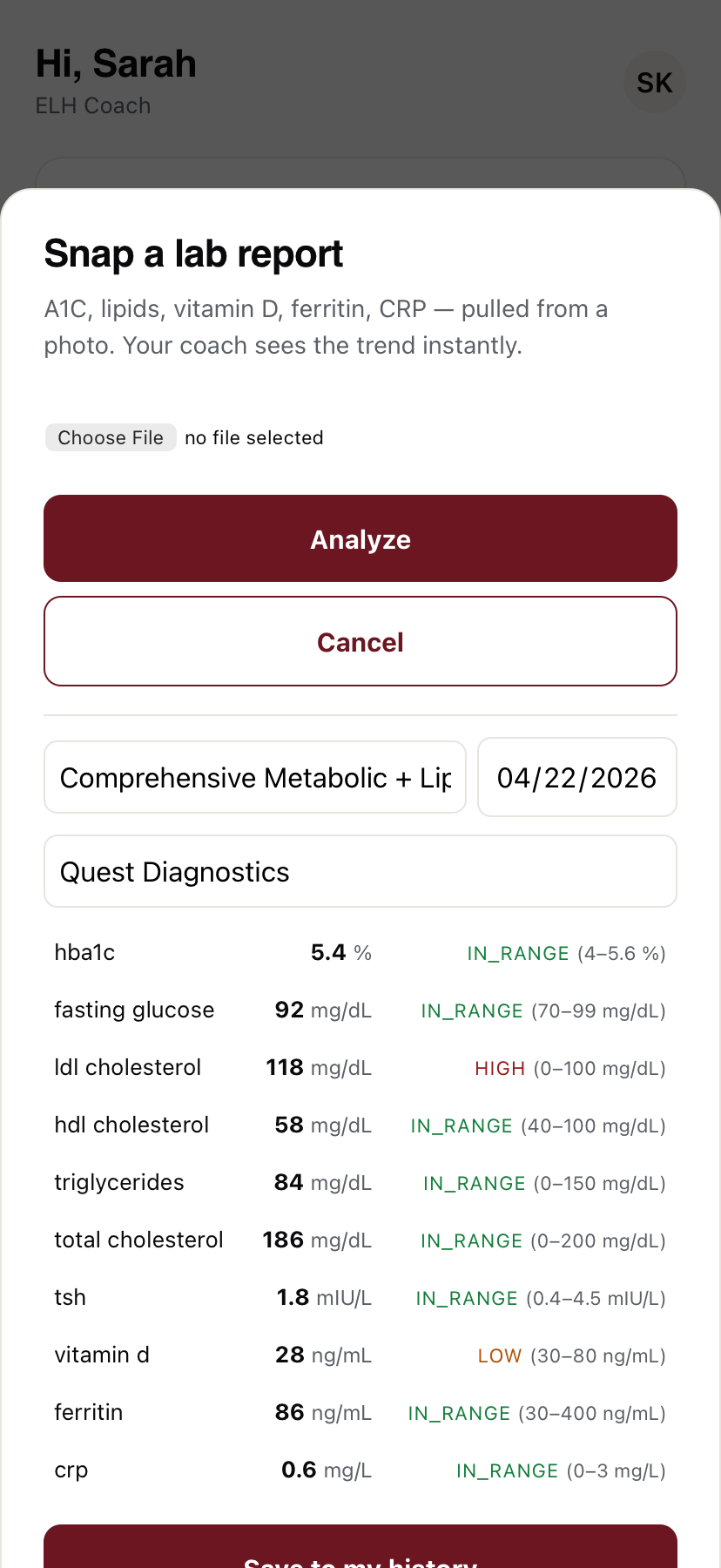 Client app lab modal — Comprehensive Metabolic + Lipid + A1C panel with editable values from Quest Diagnostics, ready to save to history