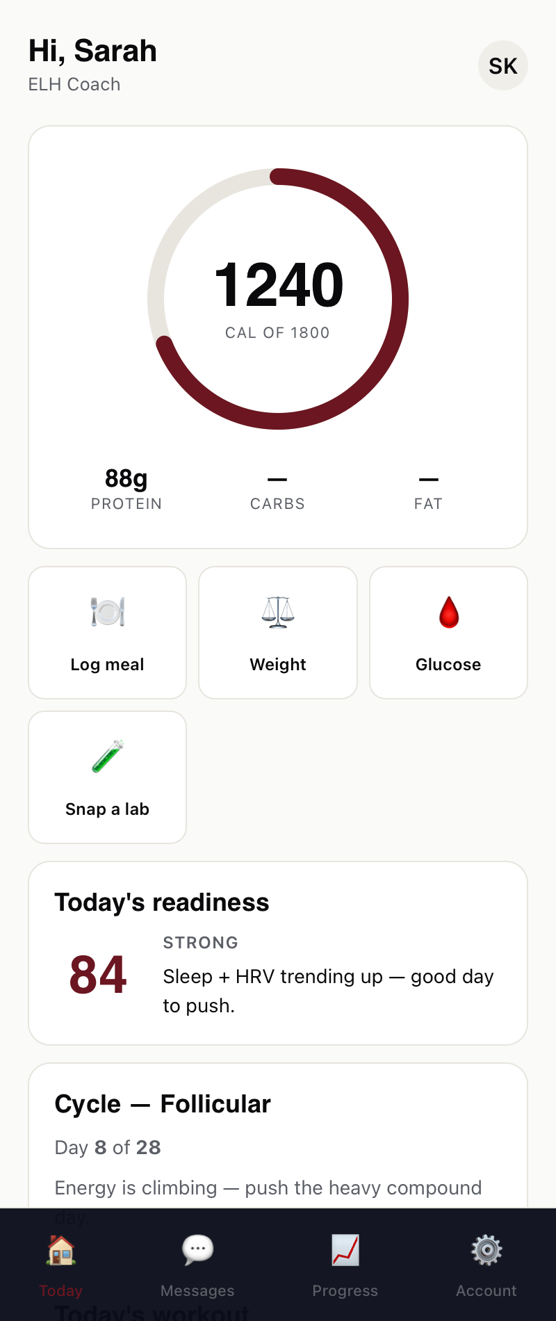 Client app — today's macros, readiness, and quick logging