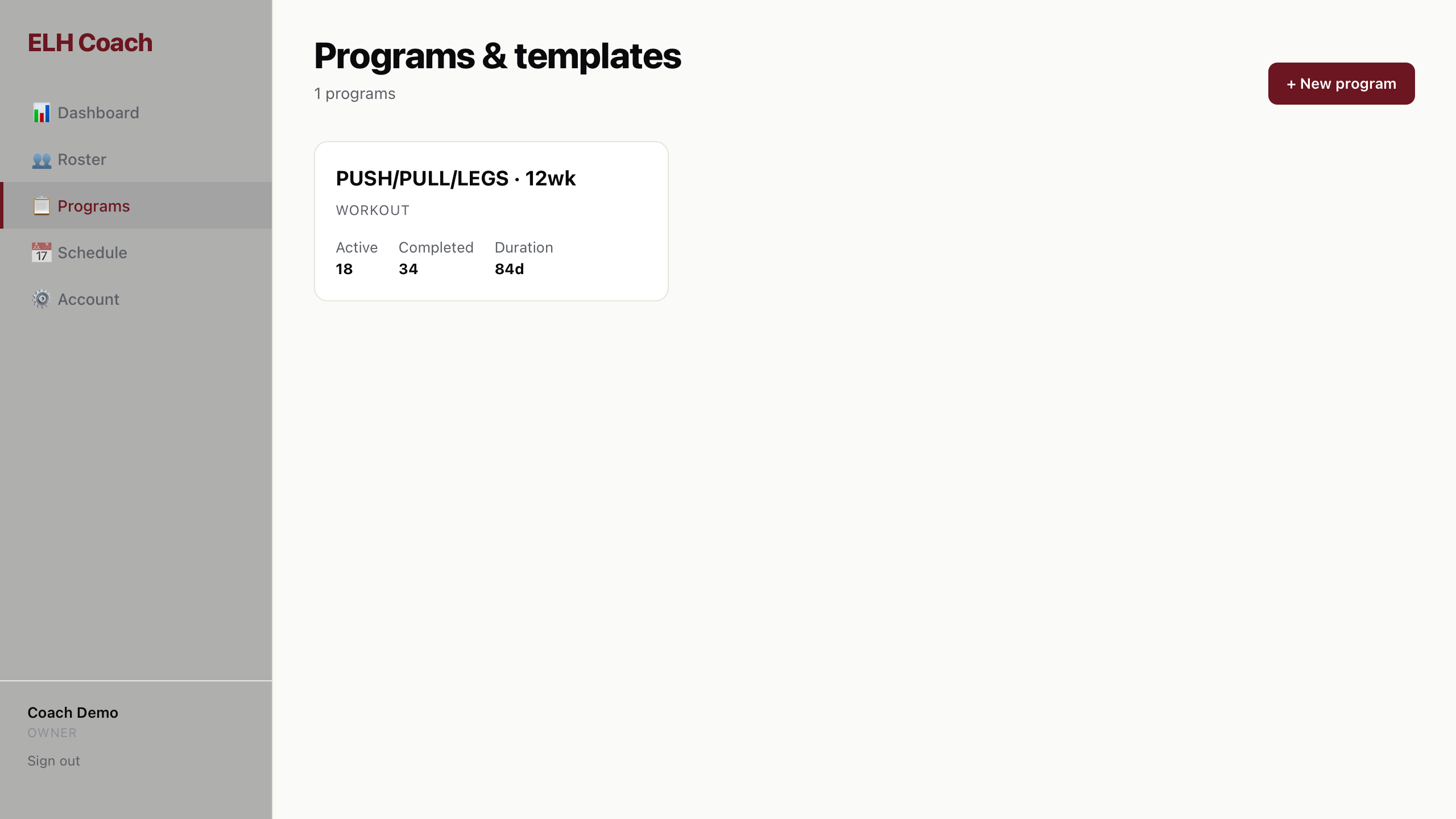 ELH Coach programs library — 6 program templates with active and completed counts